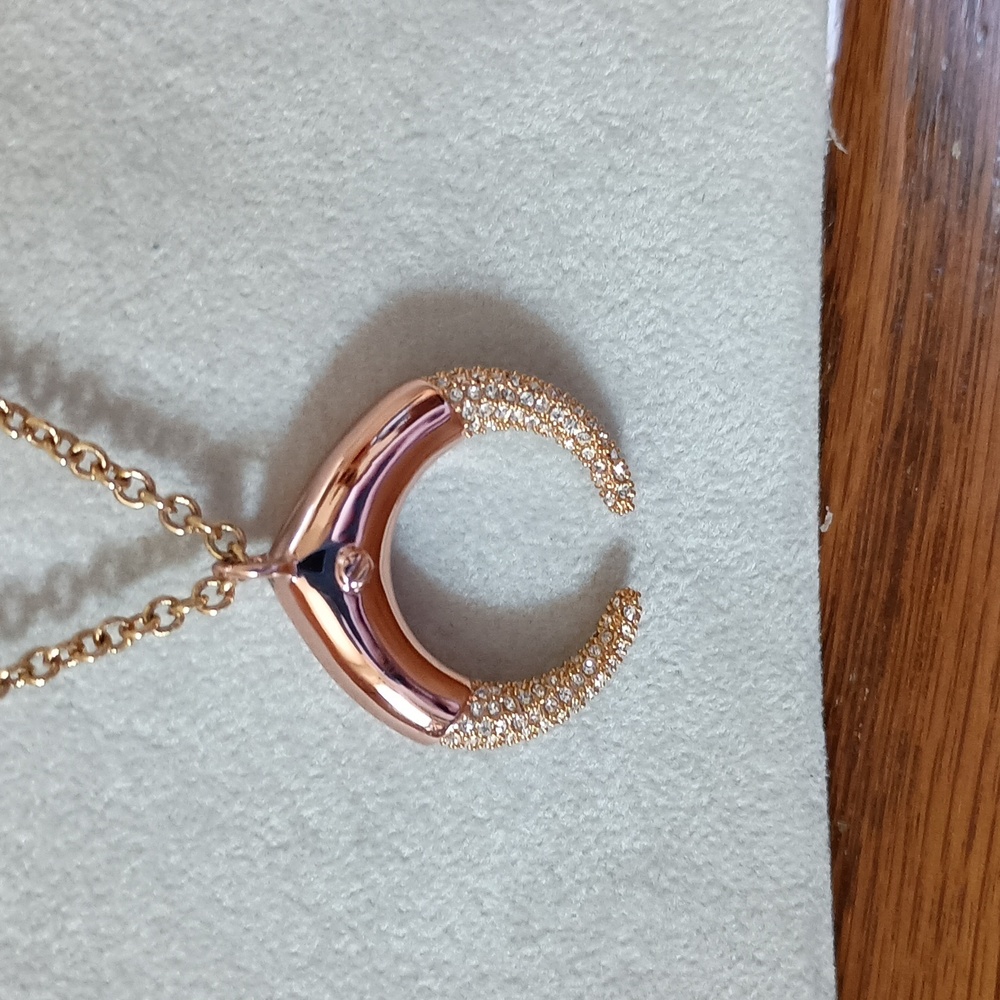 New Y2K Rebecca Minkoff Rose Gold plate pave double horn pendant necklace